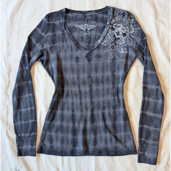 Affliction Women's Gray Thermal V Neck Goth Tribal Grunge USA Made Large - Picture 2 of 7